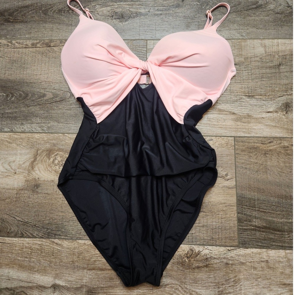 Hilor One Piece Swimsuit Women Size 10 Pink Black Twist Front Cutout